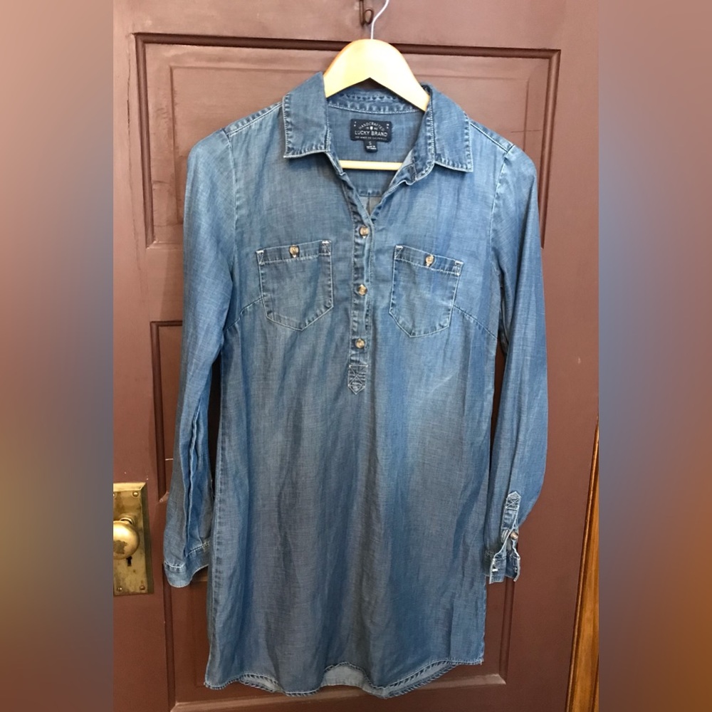Lucky Brand Shirt Dress Womens S Chambray Denim Half Button Collared Long Sleeve